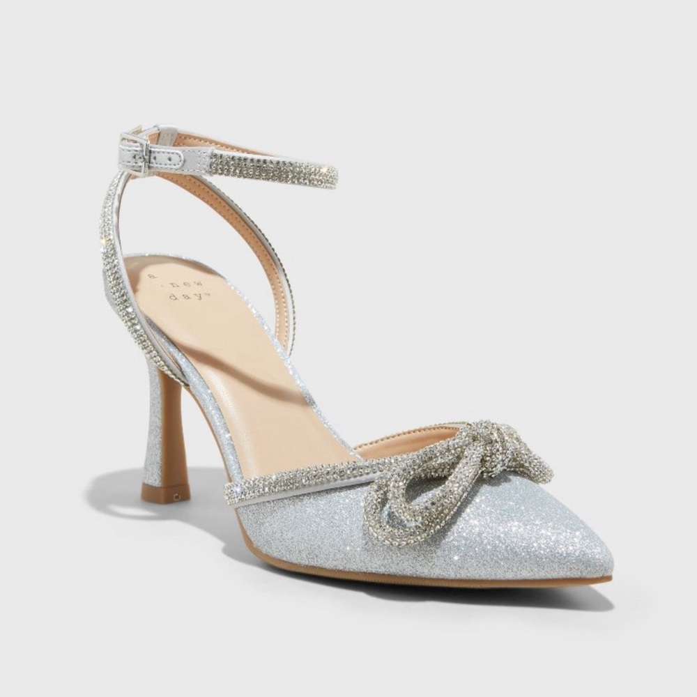 a new day Silver Glitter Pointed-Toe Ankle-Strap Heels with Bow
